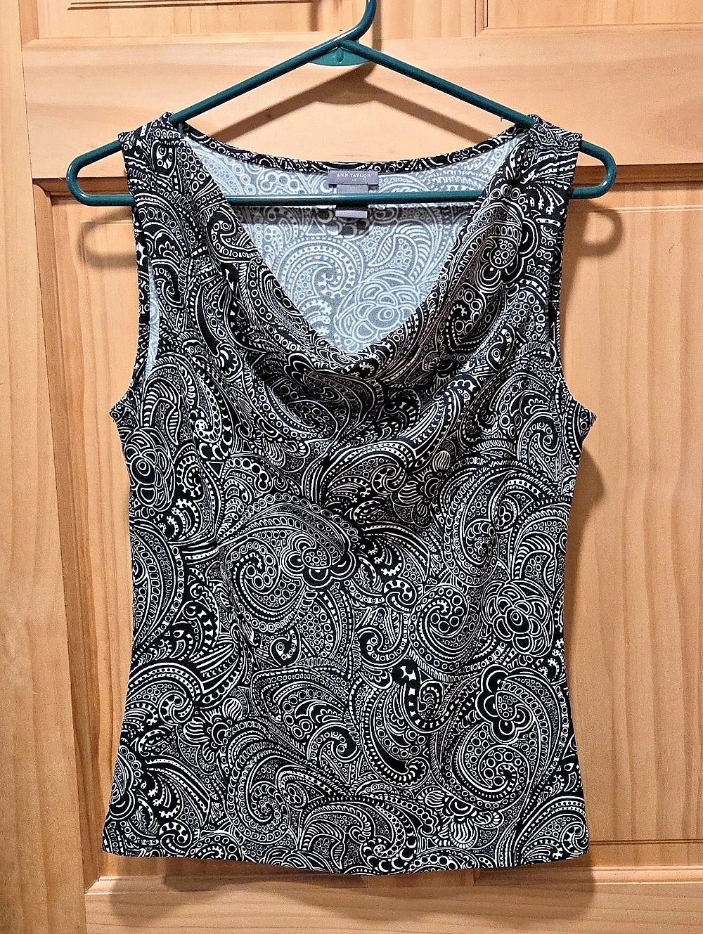 Ann Taylor Paisley Cowl Neck Tank Top in Black & White